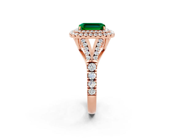 Rose gold Double Halo Emerald Cut Emerald Pavé Split Shank Ring with Prong Setting