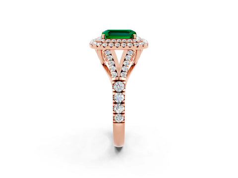Rose gold Double Halo Emerald Cut Emerald Pavé Split Shank Ring with Prong Setting_2