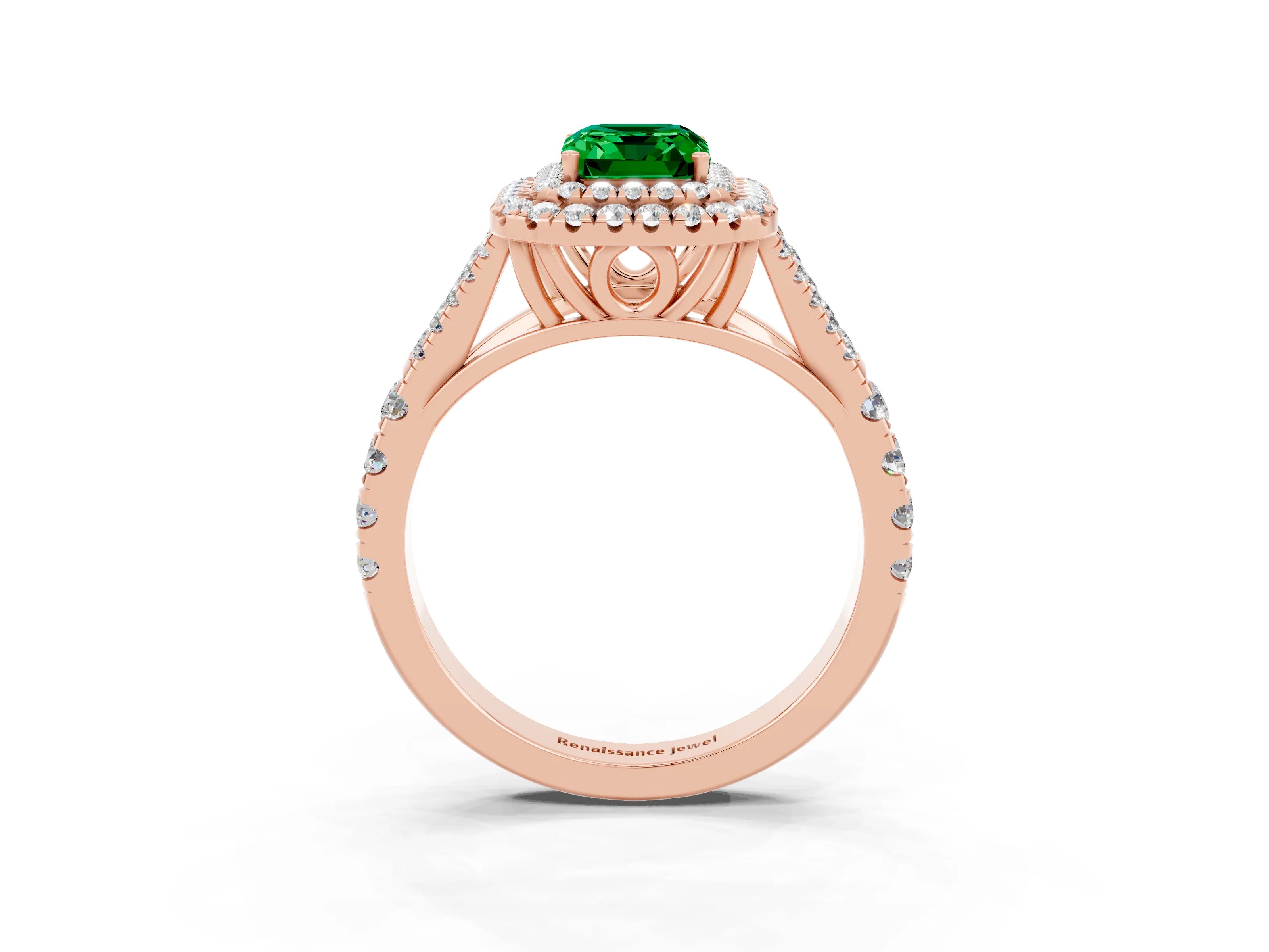 Rose gold Double Halo Emerald Cut Emerald Pavé Split Shank Ring with Prong Setting_3