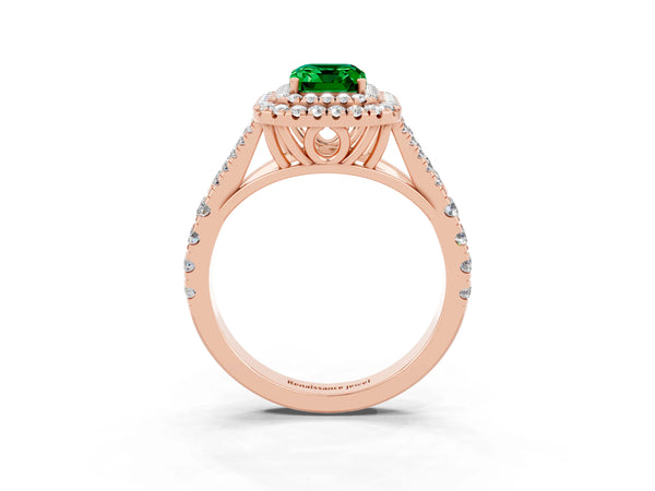 Rose gold Double Halo Emerald Cut Emerald Pavé Split Shank Ring with Prong Setting