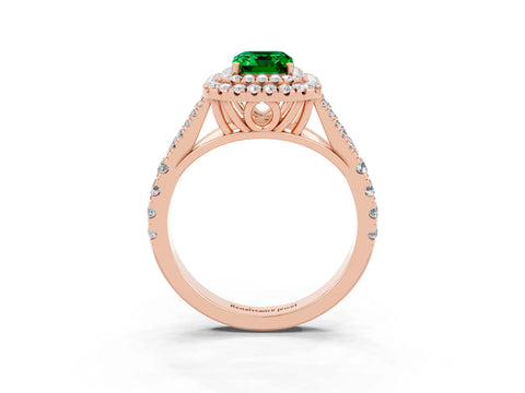 Rose gold Double Halo Emerald Cut Emerald Pavé Split Shank Ring with Prong Setting_3