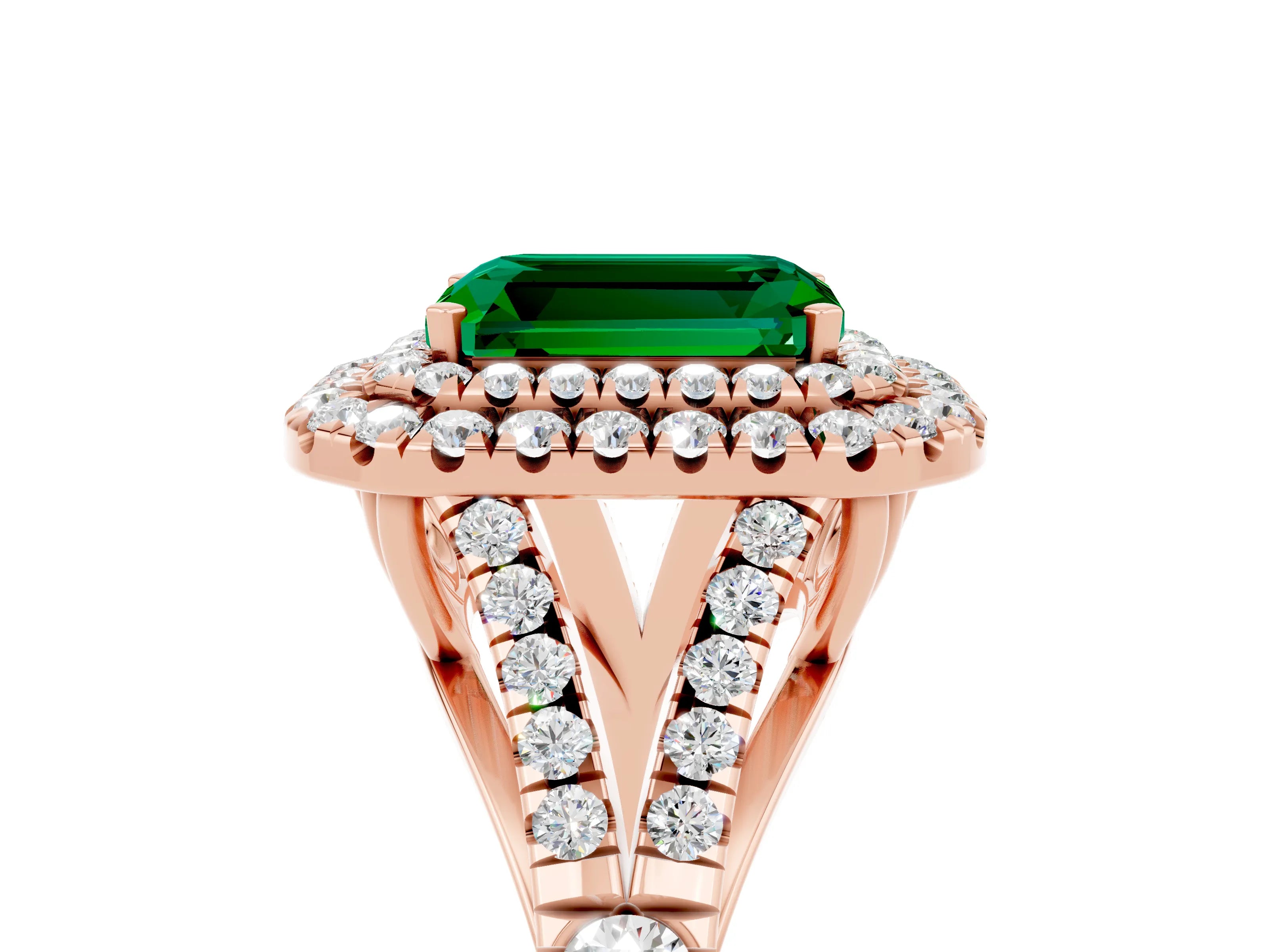 Rose gold Double Halo Emerald Cut Emerald Pavé Split Shank Ring with Prong Setting_5
