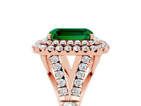 Rose gold Double Halo Emerald Cut Emerald Pavé Split Shank Ring with Prong Setting_5