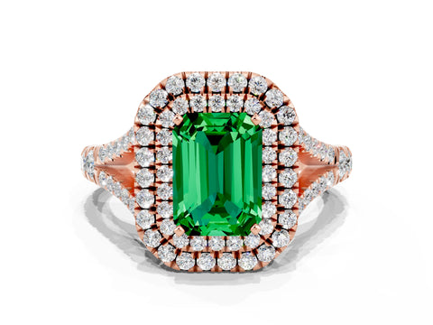Rose gold Double Halo Emerald Cut Emerald Pavé Split Shank Ring with Prong Setting