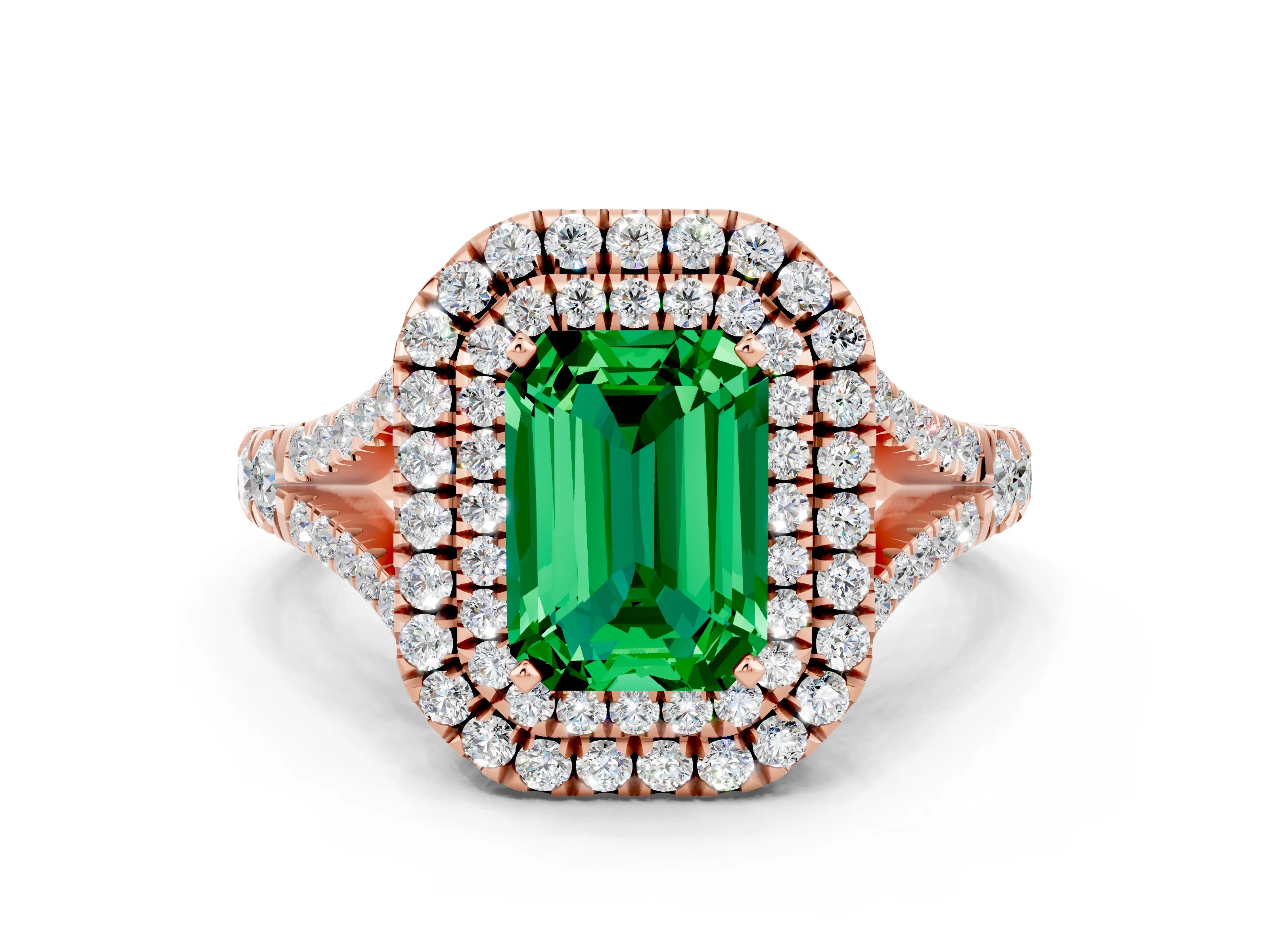 Rose gold Double Halo Emerald Cut Emerald Split Shank Engagement Ring with Four-Prong Setting