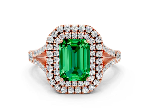 Rose gold Double Halo Emerald Cut Emerald Split Shank Engagement Ring with Four-Prong Setting