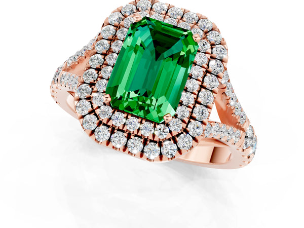 Rose gold Double Halo Emerald Cut Emerald Split Shank Engagement Ring with Four-Prong Setting