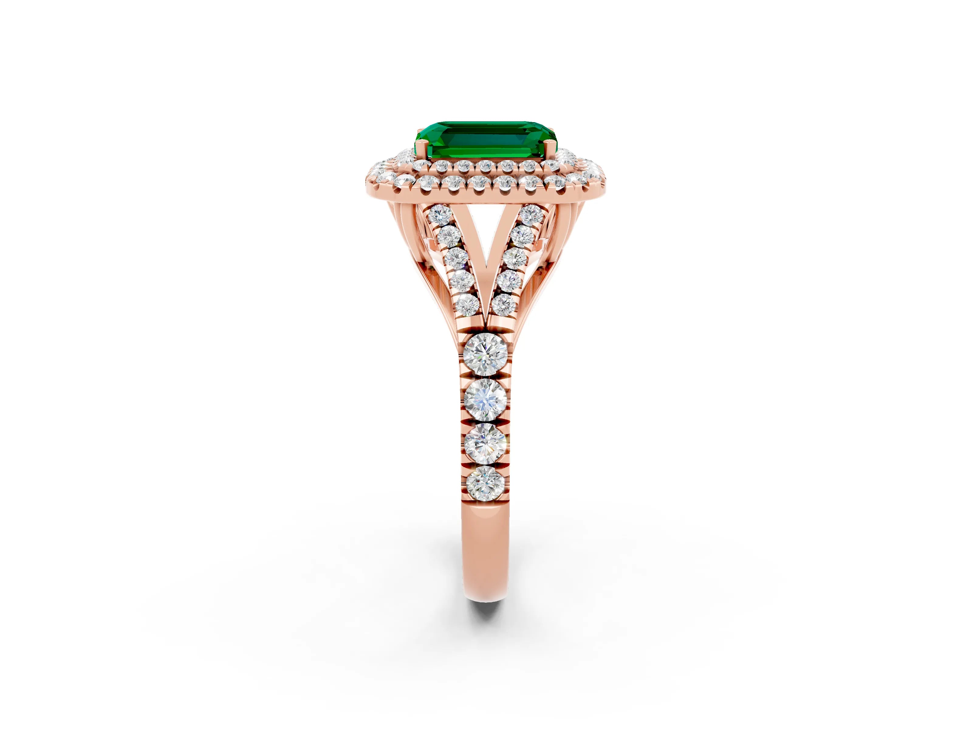 Rose gold Double Halo Emerald Cut Emerald Split Shank Engagement Ring with Four-Prong Setting_2