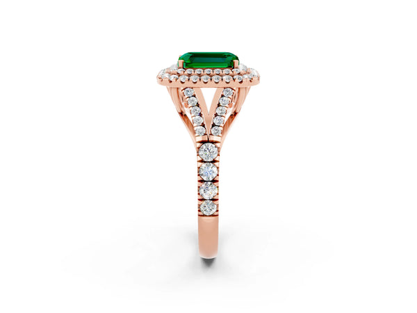 Rose gold Double Halo Emerald Cut Emerald Split Shank Engagement Ring with Four-Prong Setting