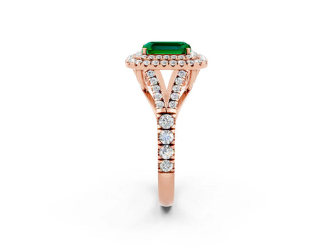 Rose gold Double Halo Emerald Cut Emerald Split Shank Engagement Ring with Four-Prong Setting_2
