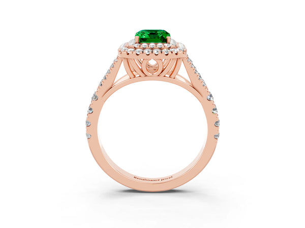 Rose gold Double Halo Emerald Cut Emerald Split Shank Engagement Ring with Four-Prong Setting