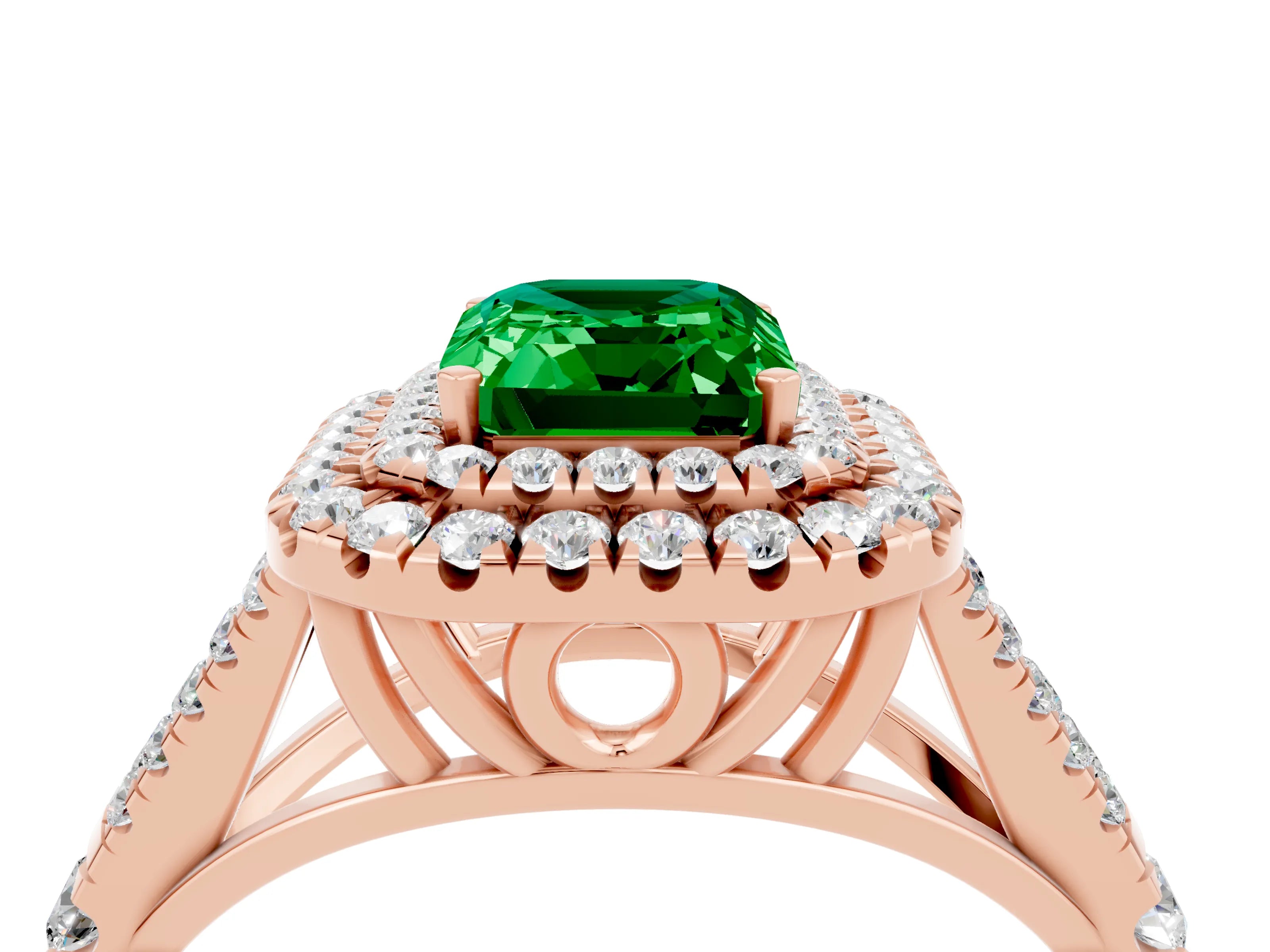 Rose gold Double Halo Emerald Cut Emerald Split Shank Engagement Ring with Four-Prong Setting_4