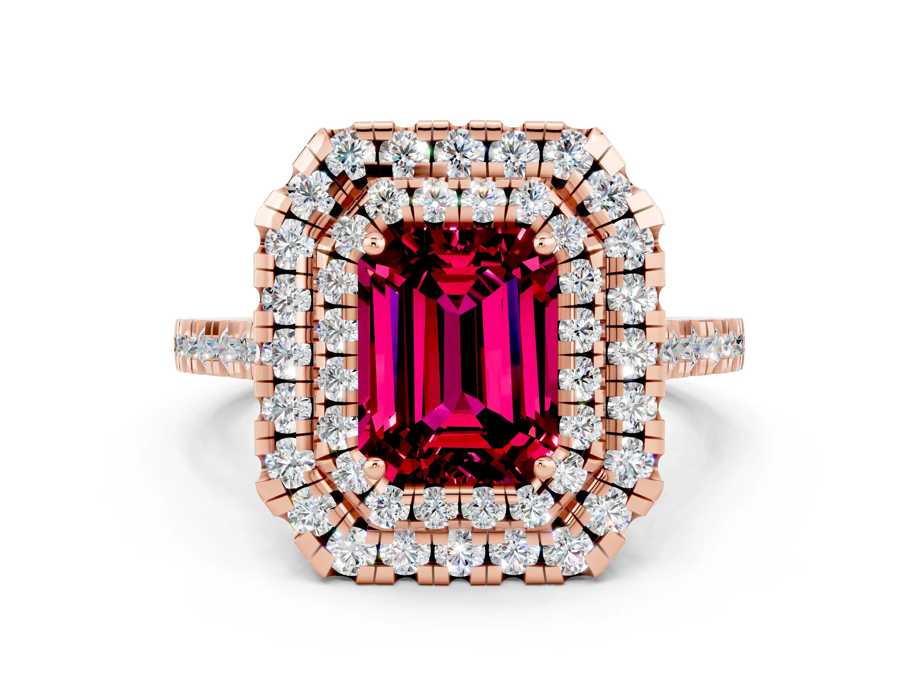 Rose gold Double Halo Emerald Cut Garnet Pavé Band with Four-Prong Setting