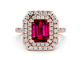 Rose gold Double Halo Emerald Cut Garnet Pavé Band with Four-Prong Setting