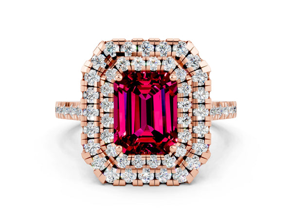 Rose gold Double Halo Emerald Cut Garnet Pavé Band with Four-Prong Setting