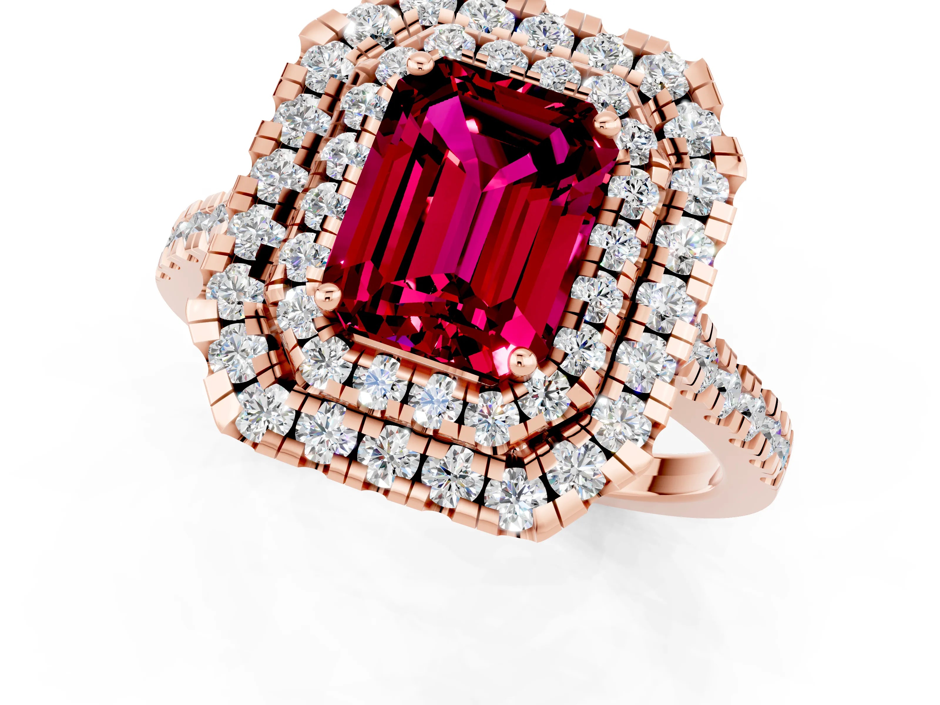 Rose gold Double Halo Emerald Cut Garnet Pavé Band with Four-Prong Setting_1