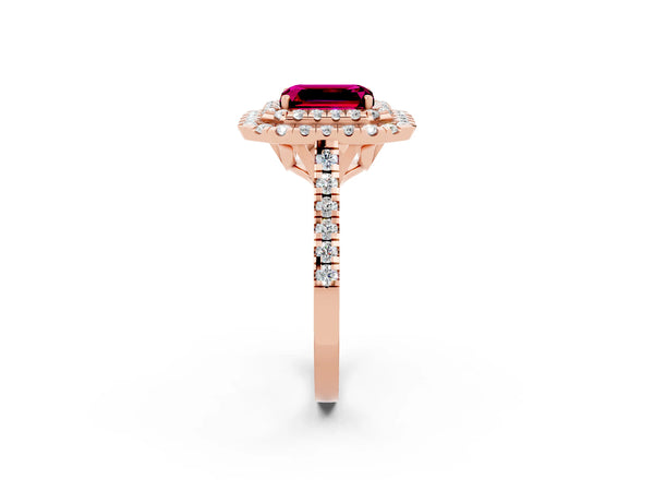 Rose gold Double Halo Emerald Cut Garnet Pavé Band with Four-Prong Setting
