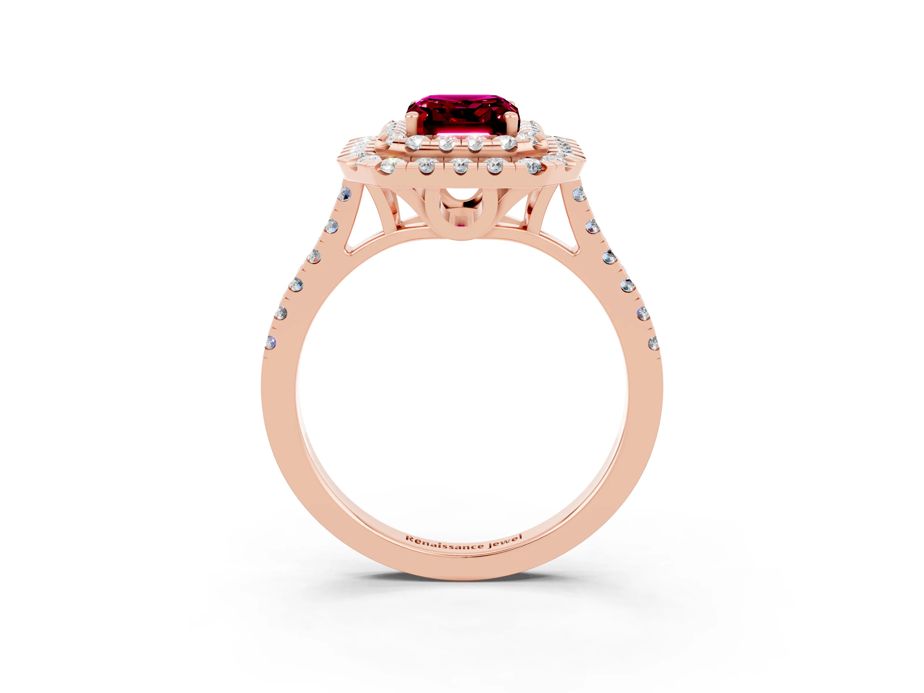 Rose gold Double Halo Emerald Cut Garnet Pavé Band with Four-Prong Setting_3