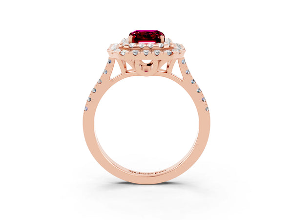 Rose gold Double Halo Emerald Cut Garnet Pavé Band with Four-Prong Setting