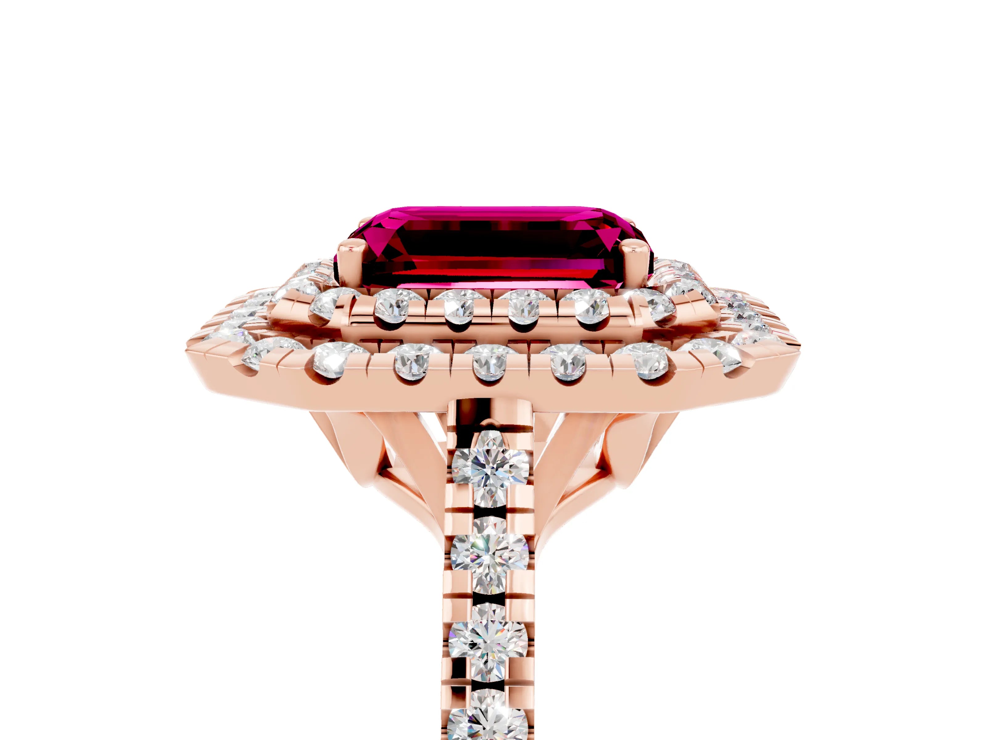 Rose gold Double Halo Emerald Cut Garnet Pavé Band with Four-Prong Setting_5