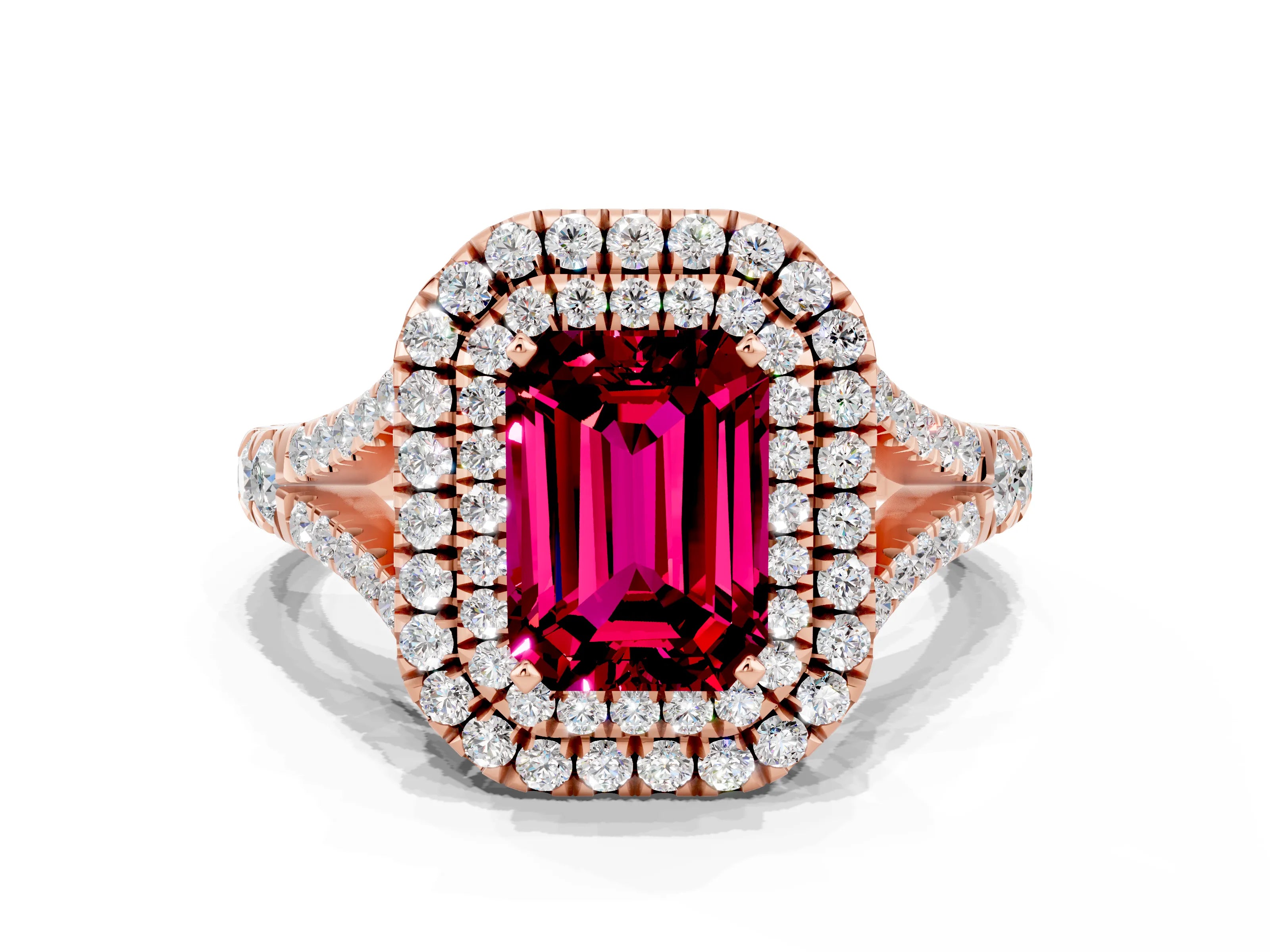 Rose gold Double Halo Emerald Cut Garnet Pavé Split Shank Ring with Prong Setting