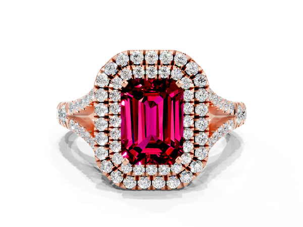 Rose gold Double Halo Emerald Cut Garnet Pavé Split Shank Ring with Prong Setting
