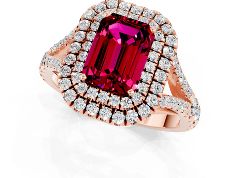 Rose gold Double Halo Emerald Cut Garnet Pavé Split Shank Ring with Prong Setting_1