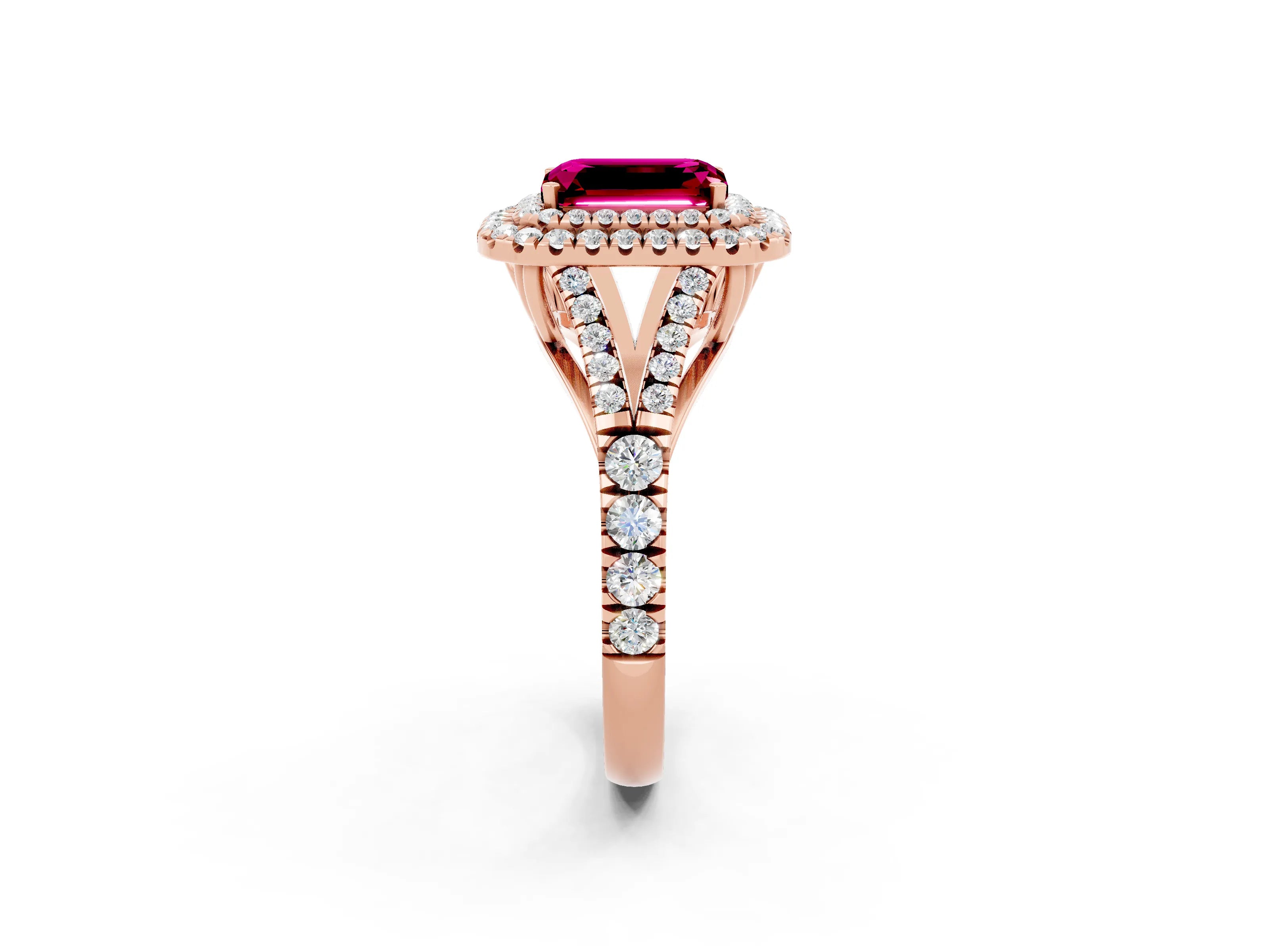Rose gold Double Halo Emerald Cut Garnet Pavé Split Shank Ring with Prong Setting_2