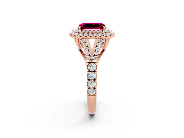 Rose gold Double Halo Emerald Cut Garnet Pavé Split Shank Ring with Prong Setting