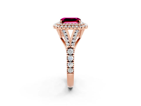 Rose gold Double Halo Emerald Cut Garnet Pavé Split Shank Ring with Prong Setting_2