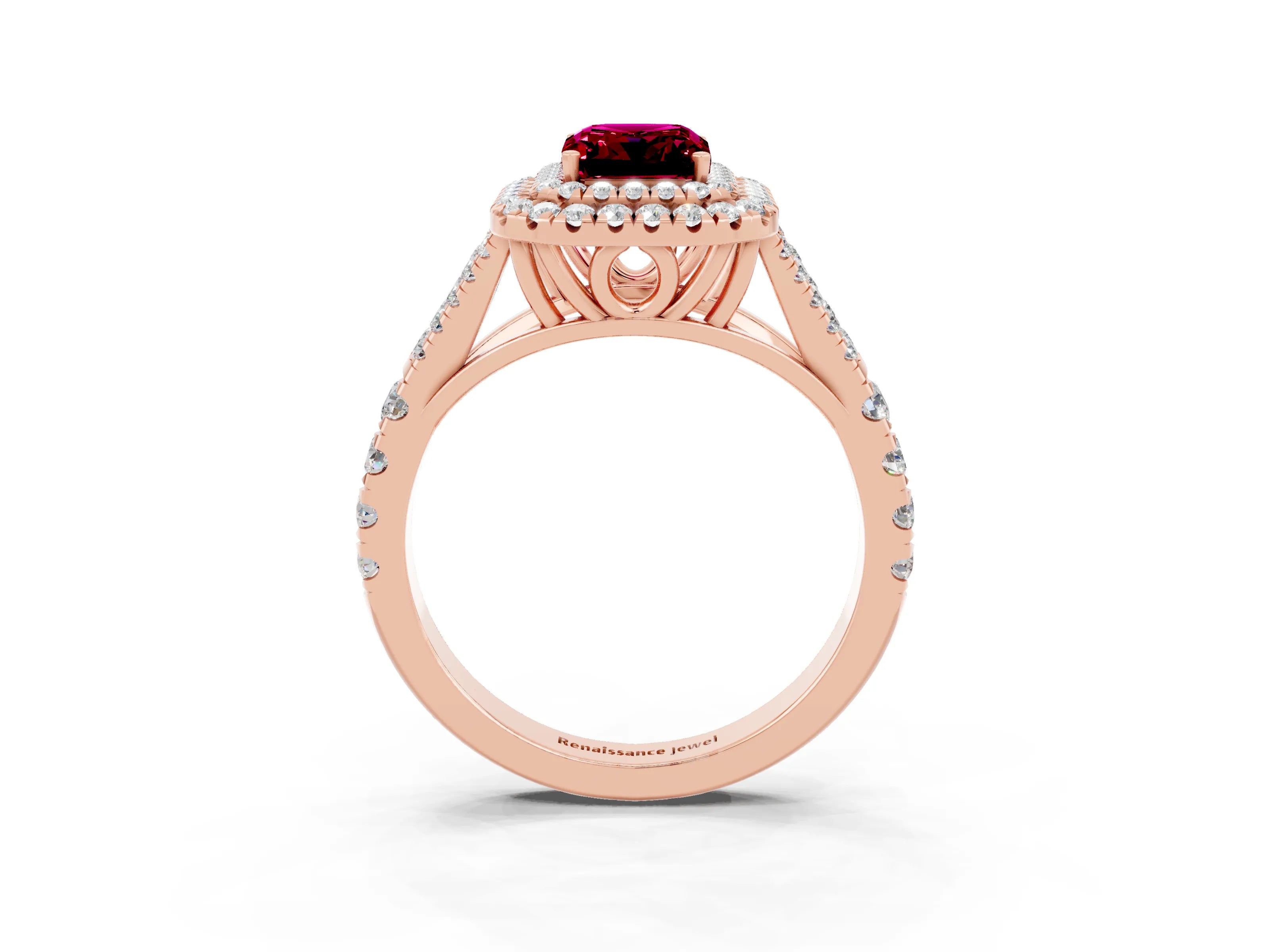 Rose gold Double Halo Emerald Cut Garnet Pavé Split Shank Ring with Prong Setting_3
