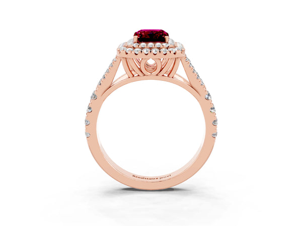 Rose gold Double Halo Emerald Cut Garnet Pavé Split Shank Ring with Prong Setting