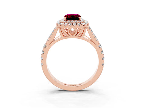 Rose gold Double Halo Emerald Cut Garnet Pavé Split Shank Ring with Prong Setting_3