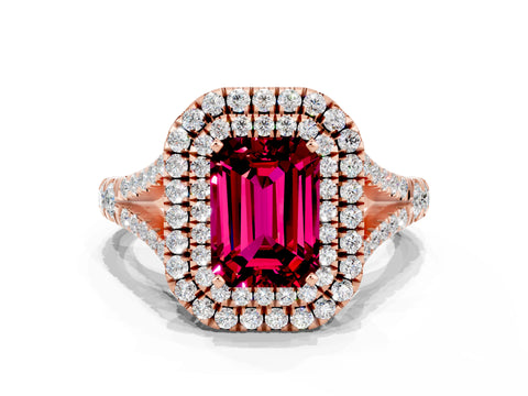 Rose gold Double Halo Emerald Cut Garnet Pavé Split Shank Ring with Prong Setting