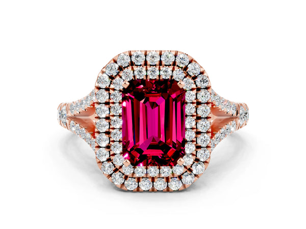 Rose gold Double Halo Emerald Cut Garnet Split Shank Engagement Ring with Four-Prong Setting