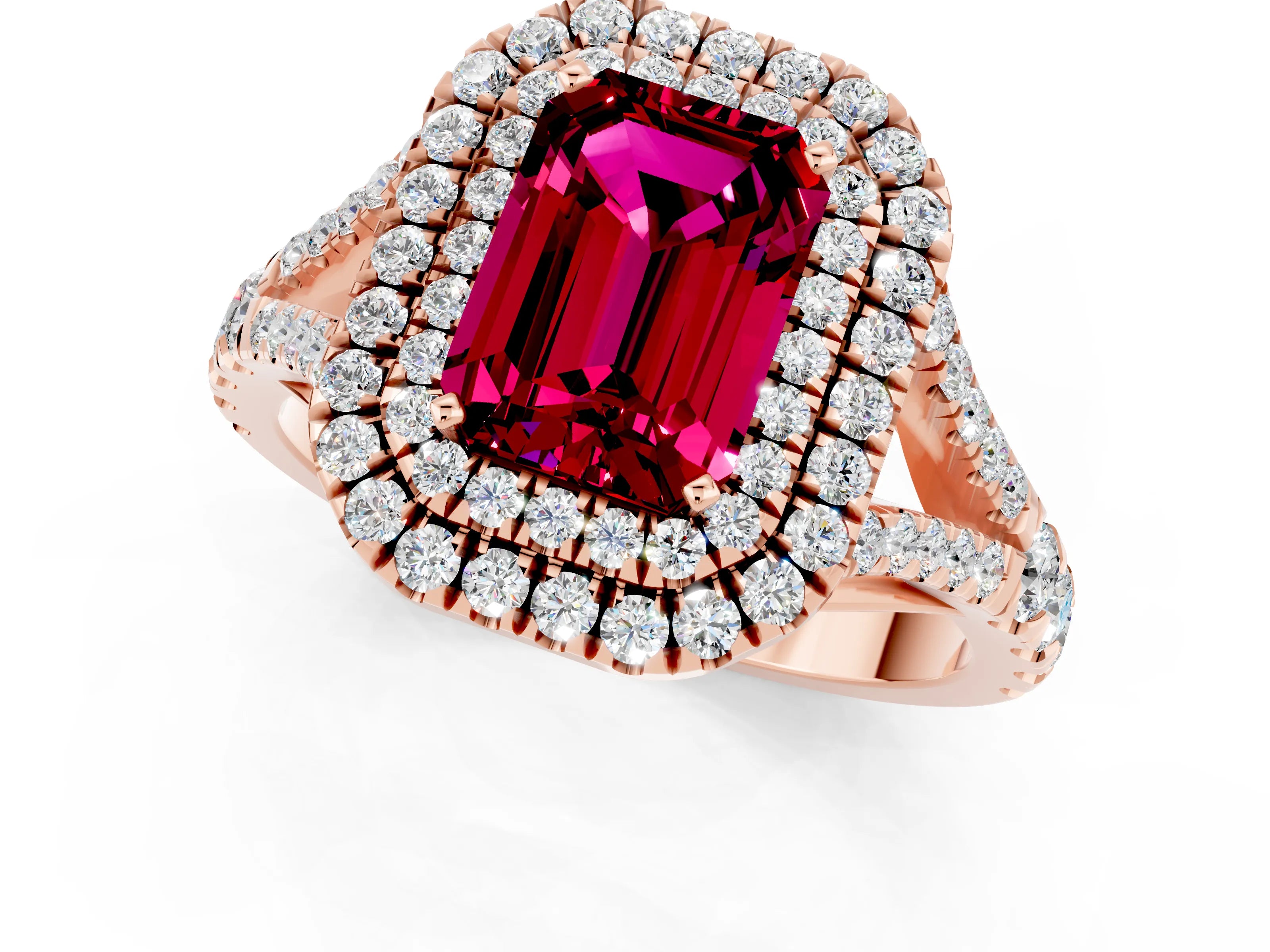 Rose gold Double Halo Emerald Cut Garnet Split Shank Engagement Ring with Four-Prong Setting_1