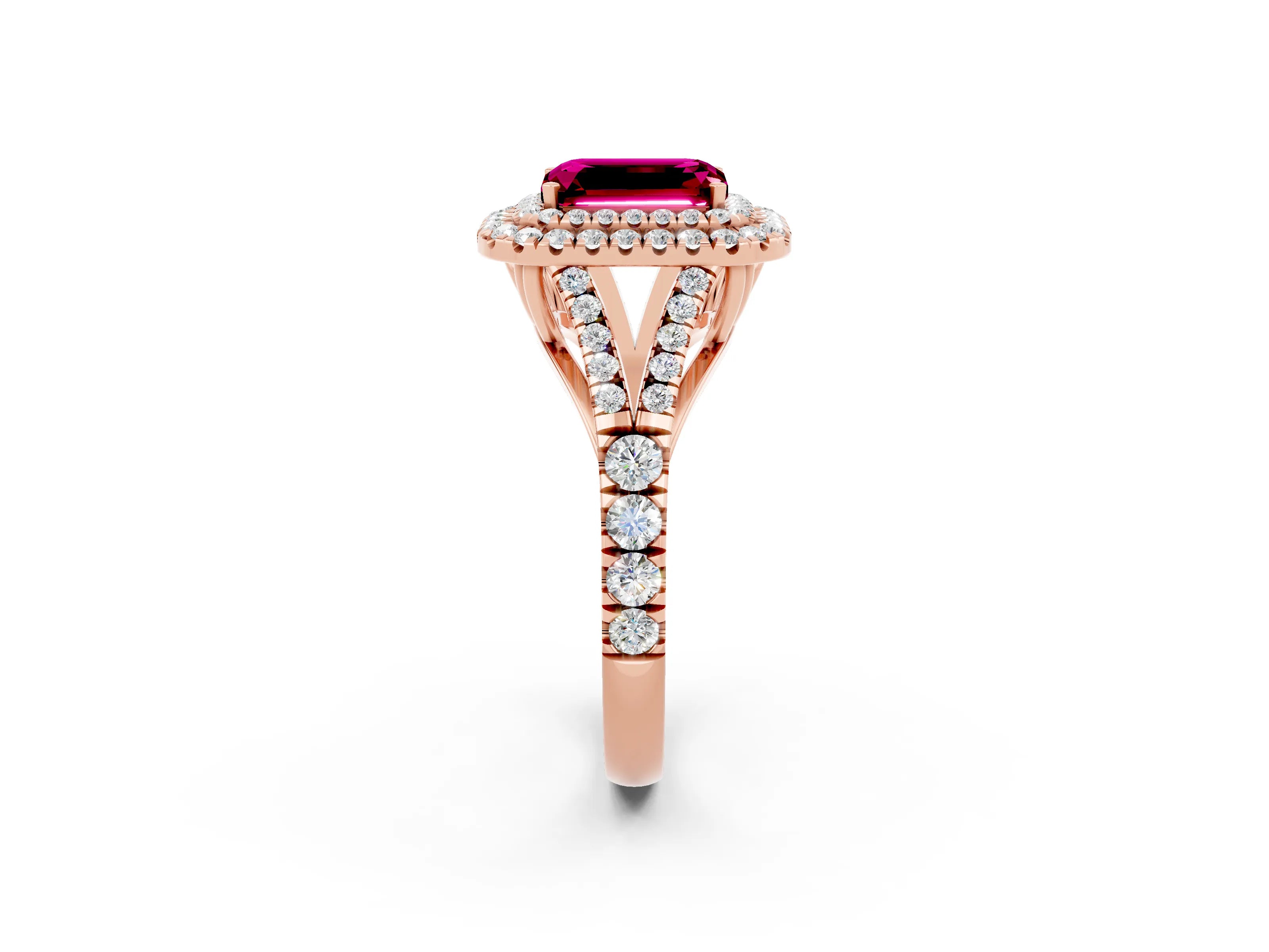 Rose gold Double Halo Emerald Cut Garnet Split Shank Engagement Ring with Four-Prong Setting_2