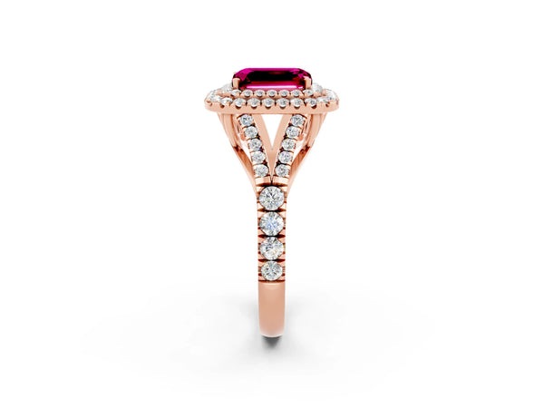 Rose gold Double Halo Emerald Cut Garnet Split Shank Engagement Ring with Four-Prong Setting