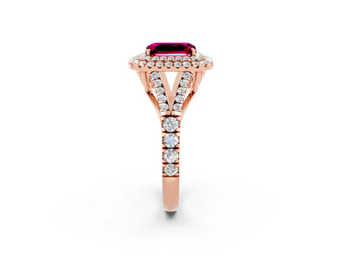Rose gold Double Halo Emerald Cut Garnet Split Shank Engagement Ring with Four-Prong Setting_2