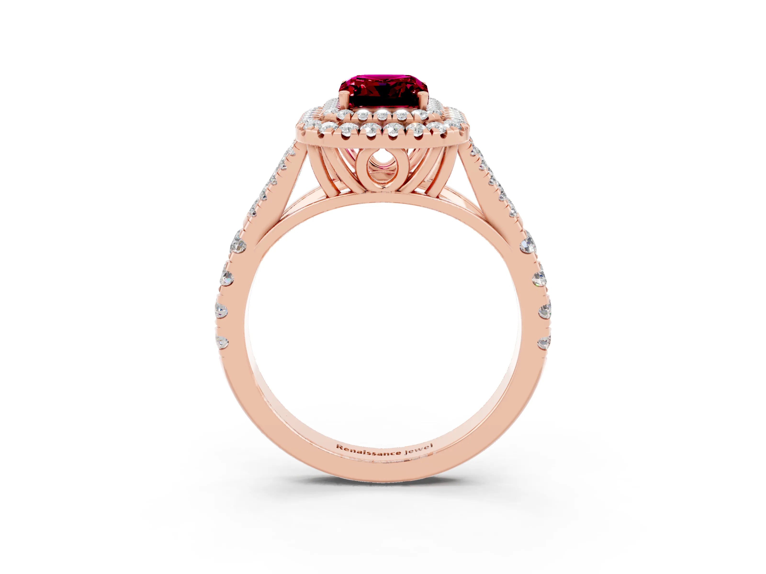 Rose gold Double Halo Emerald Cut Garnet Split Shank Engagement Ring with Four-Prong Setting_3