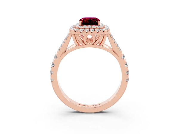 Rose gold Double Halo Emerald Cut Garnet Split Shank Engagement Ring with Four-Prong Setting