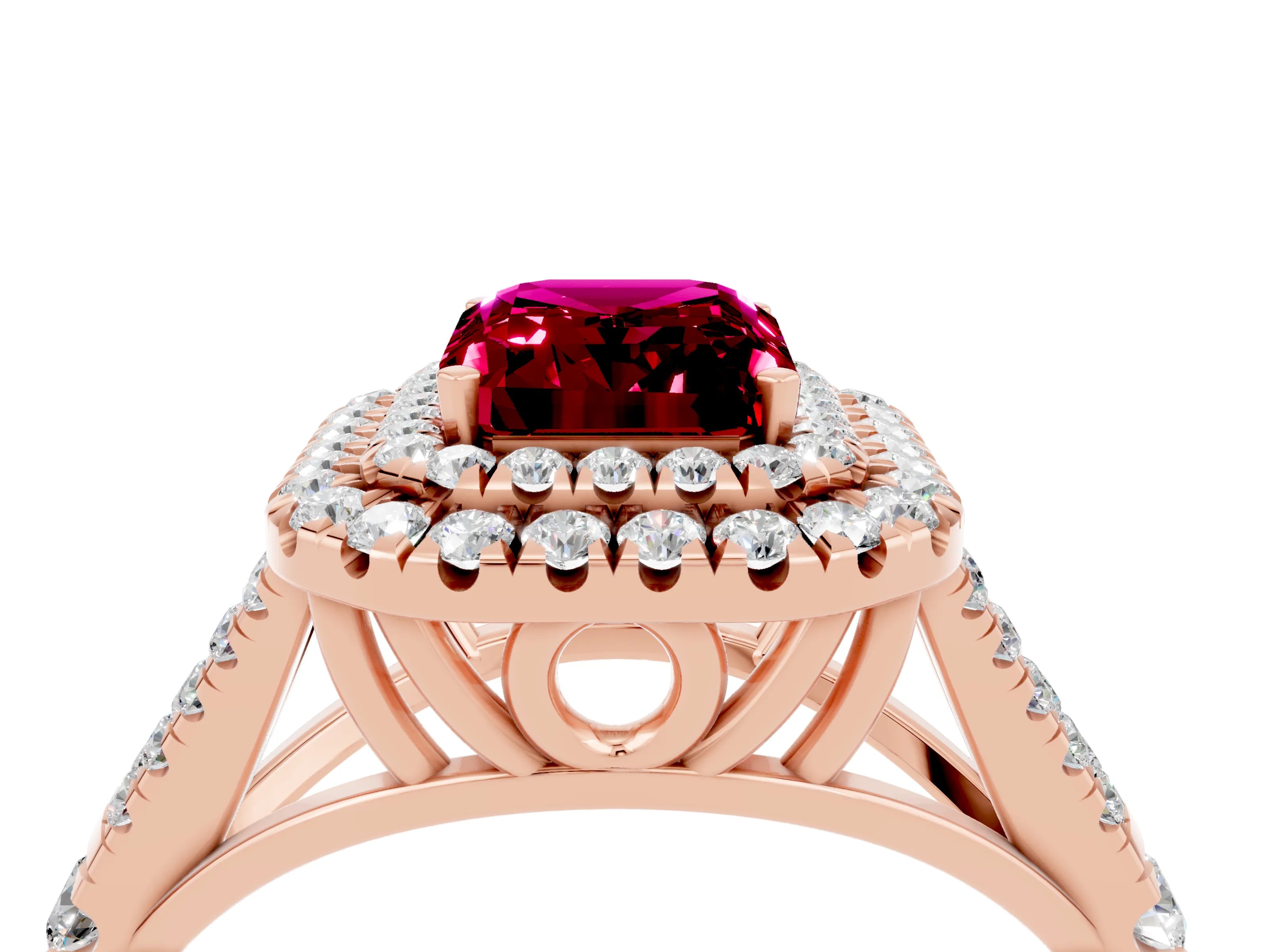 Rose gold Double Halo Emerald Cut Garnet Split Shank Engagement Ring with Four-Prong Setting_4