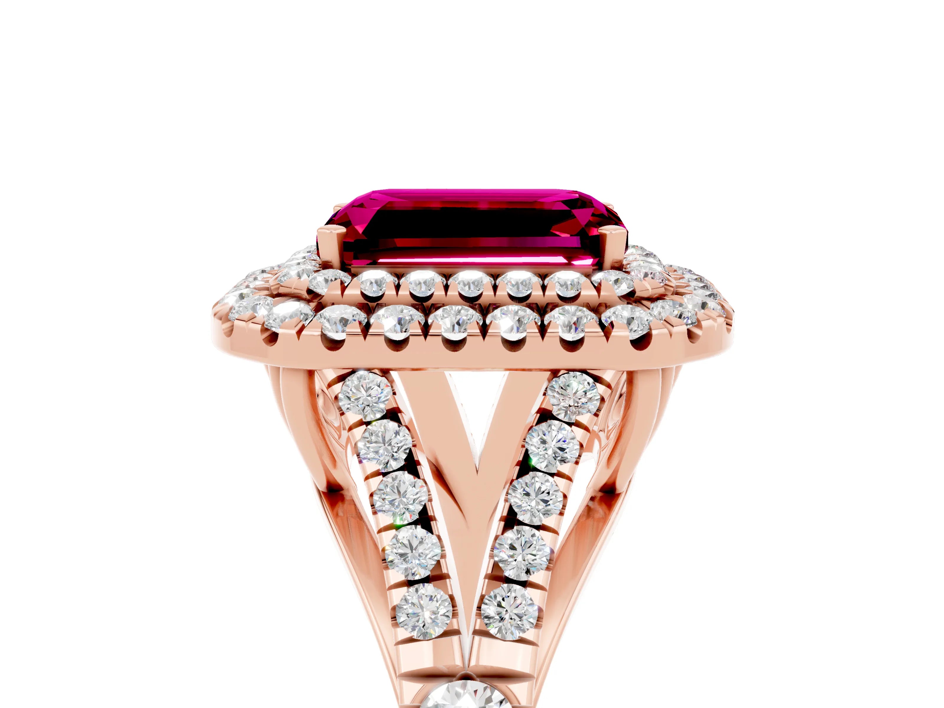 Rose gold Double Halo Emerald Cut Garnet Split Shank Engagement Ring with Four-Prong Setting_5