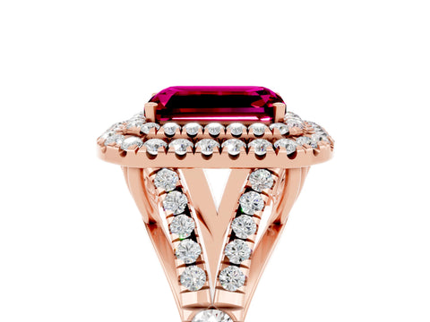Rose gold Double Halo Emerald Cut Garnet Split Shank Engagement Ring with Four-Prong Setting_5
