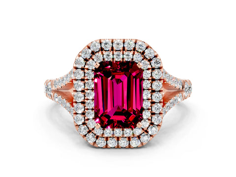 Rose gold Double Halo Emerald Cut Garnet Split Shank Engagement Ring with Four-Prong Setting