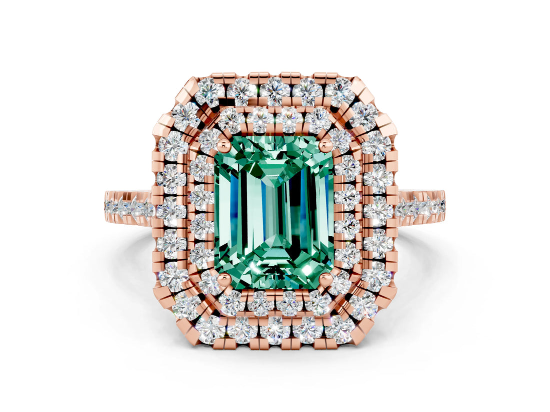 Rose gold Double Halo Emerald Cut Green Sapphire Pavé Band with Four-Prong Setting