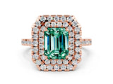 Rose gold Double Halo Emerald Cut Green Sapphire Pavé Band with Four-Prong Setting