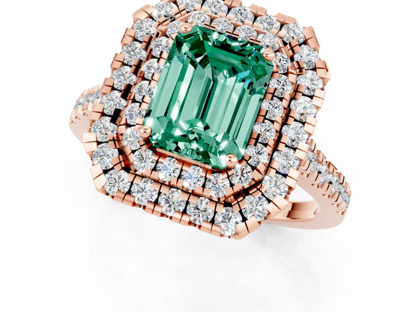 Rose gold Double Halo Emerald Cut Green Sapphire Pavé Band with Four-Prong Setting