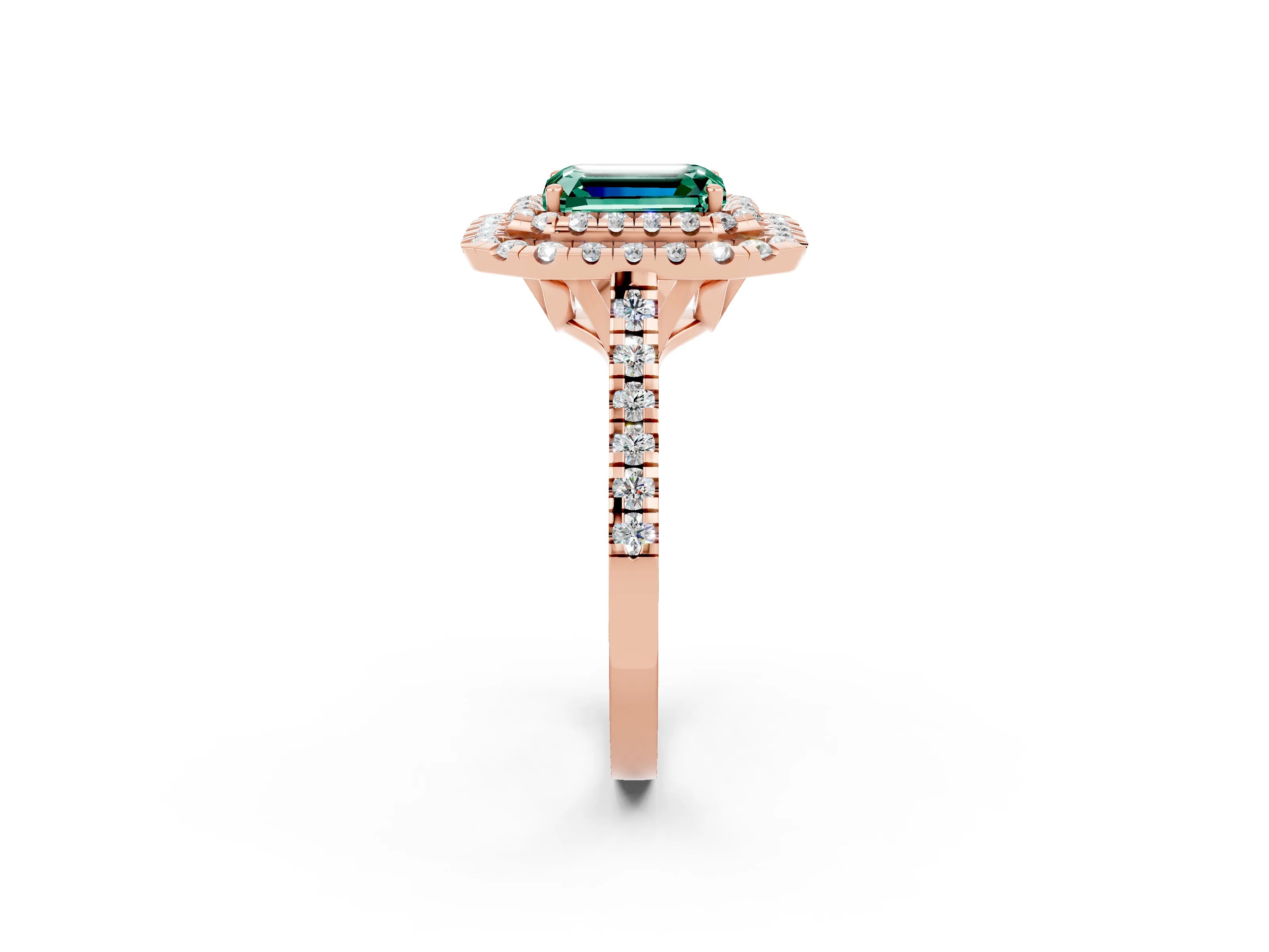Rose gold Double Halo Emerald Cut Green Sapphire Pavé Band with Four-Prong Setting_2