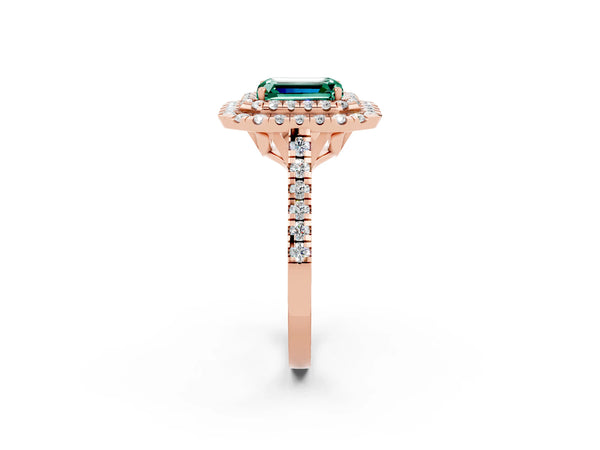 Rose gold Double Halo Emerald Cut Green Sapphire Pavé Band with Four-Prong Setting